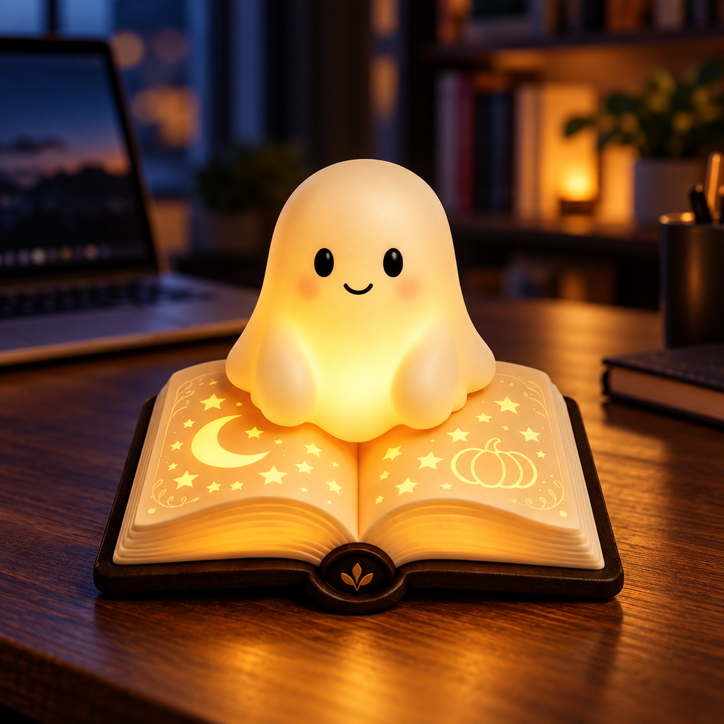 Cute Ghost Sitting on a Book - Halloween Night Light - Cozy Gift For Book Lovers