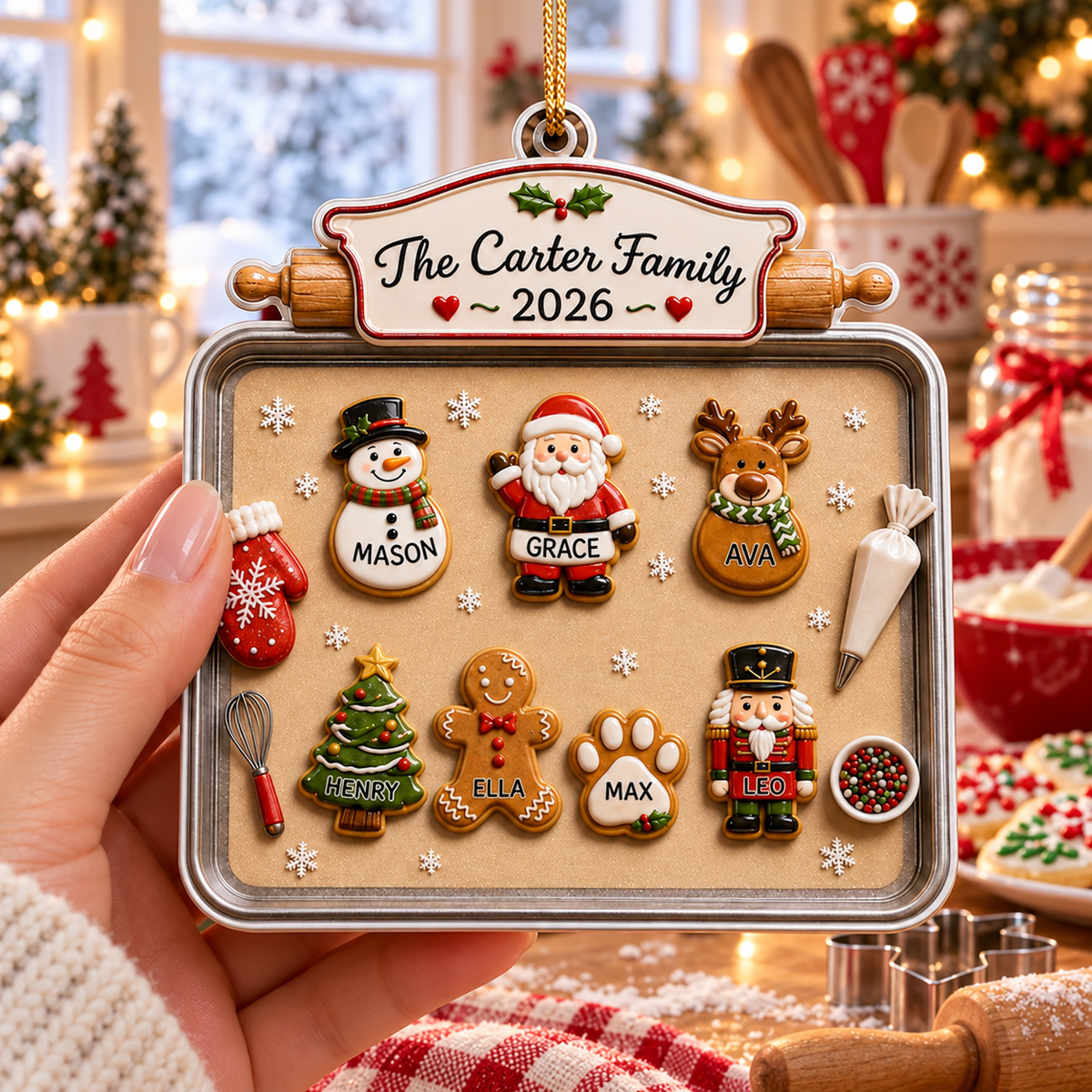 Personalized Family & Pet Christmas Cookie Tray Ornament, Custom Names, 3D Raised Acrylic Baking Keepsake, Personalized Family Gift 2026