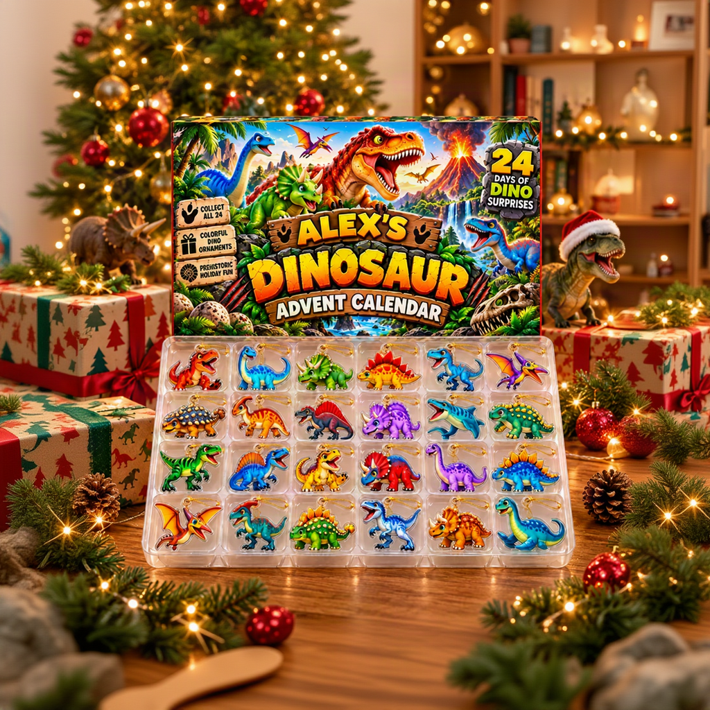 Personalized Dinosaur Advent Calendar 2026 – 24 Days of Dino Surprises, Colorful Christmas Tree Ornaments, Unique Holiday Gift for Kids & Dinosaur Lovers
