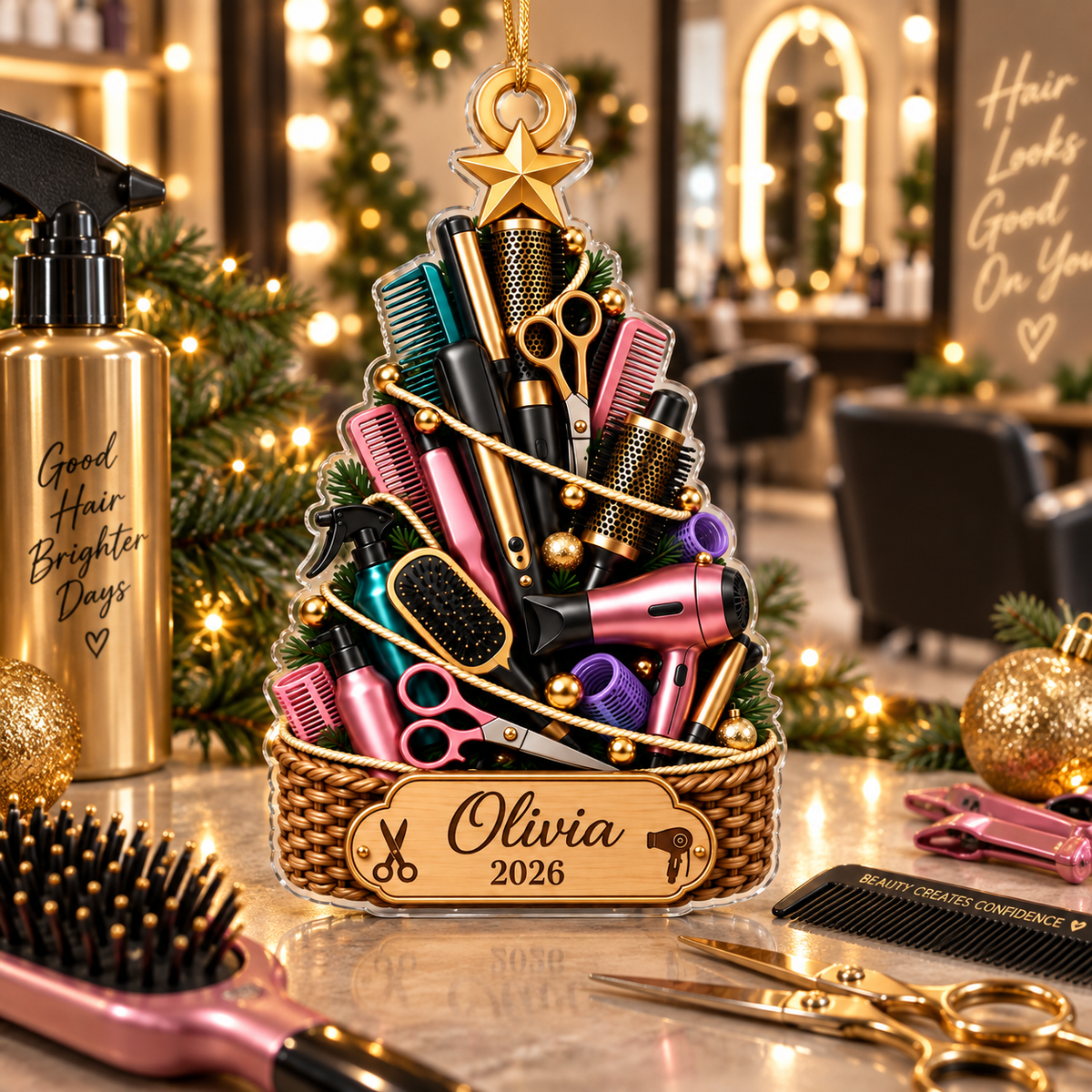Hair Stylist Tools Christmas Tree With Custom Name & Year - Personalized Acrylic Ornament - Christmas Gift For Hairdresser