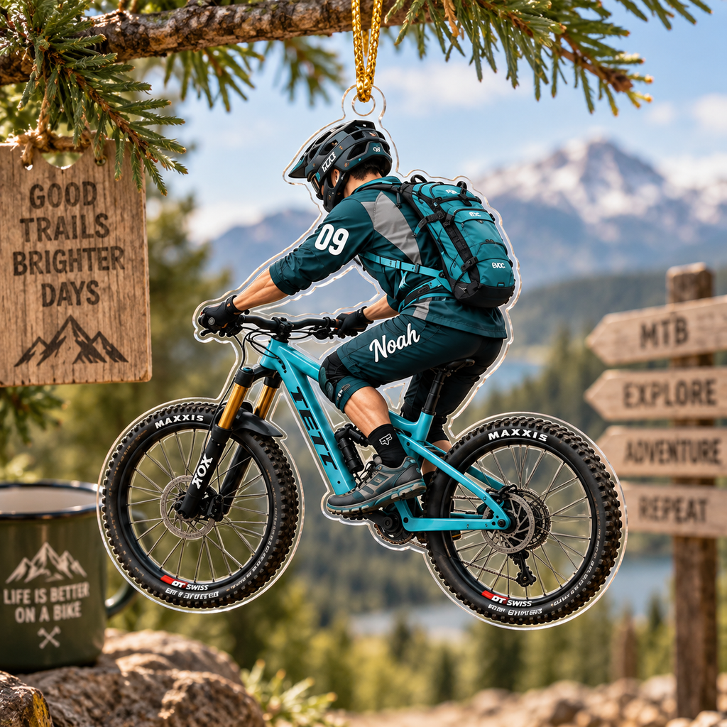 Mountain Biker With Custom Name - Personalized Acrylic Ornament - Christmas Gift For Cyclist & MTB Lover
