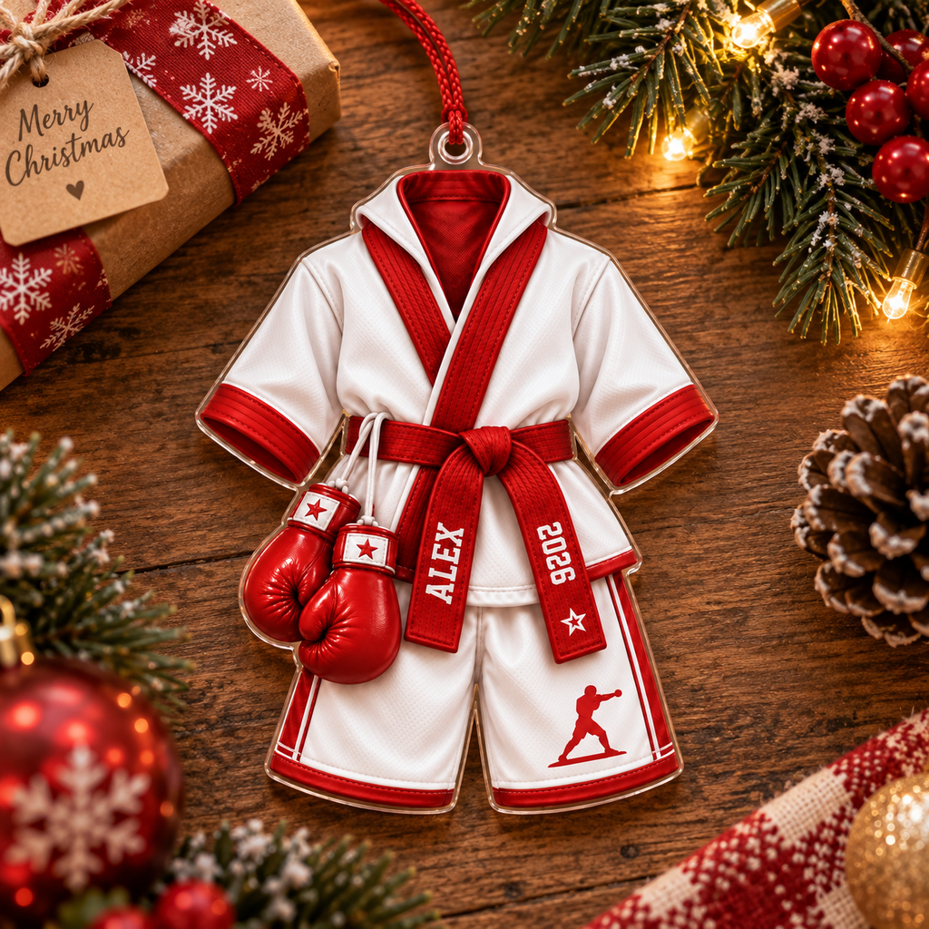 Martial Arts Uniform & Boxing Gloves With Custom Name & Year - Personalized Acrylic Ornament - Christmas Gift For Fighter