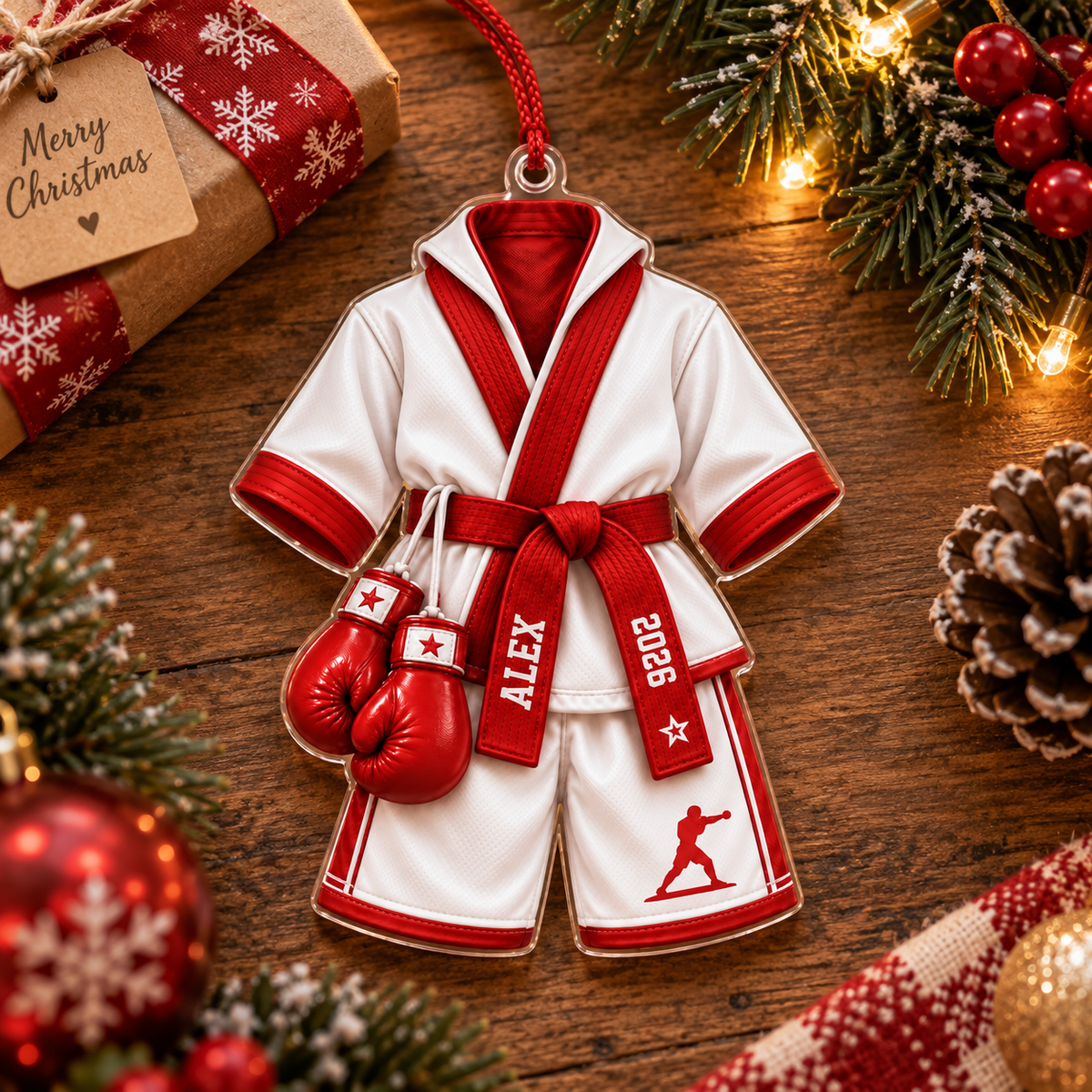 Martial Arts Uniform & Boxing Gloves With Custom Name & Year - Personalized Acrylic Ornament - Christmas Gift For Fighter