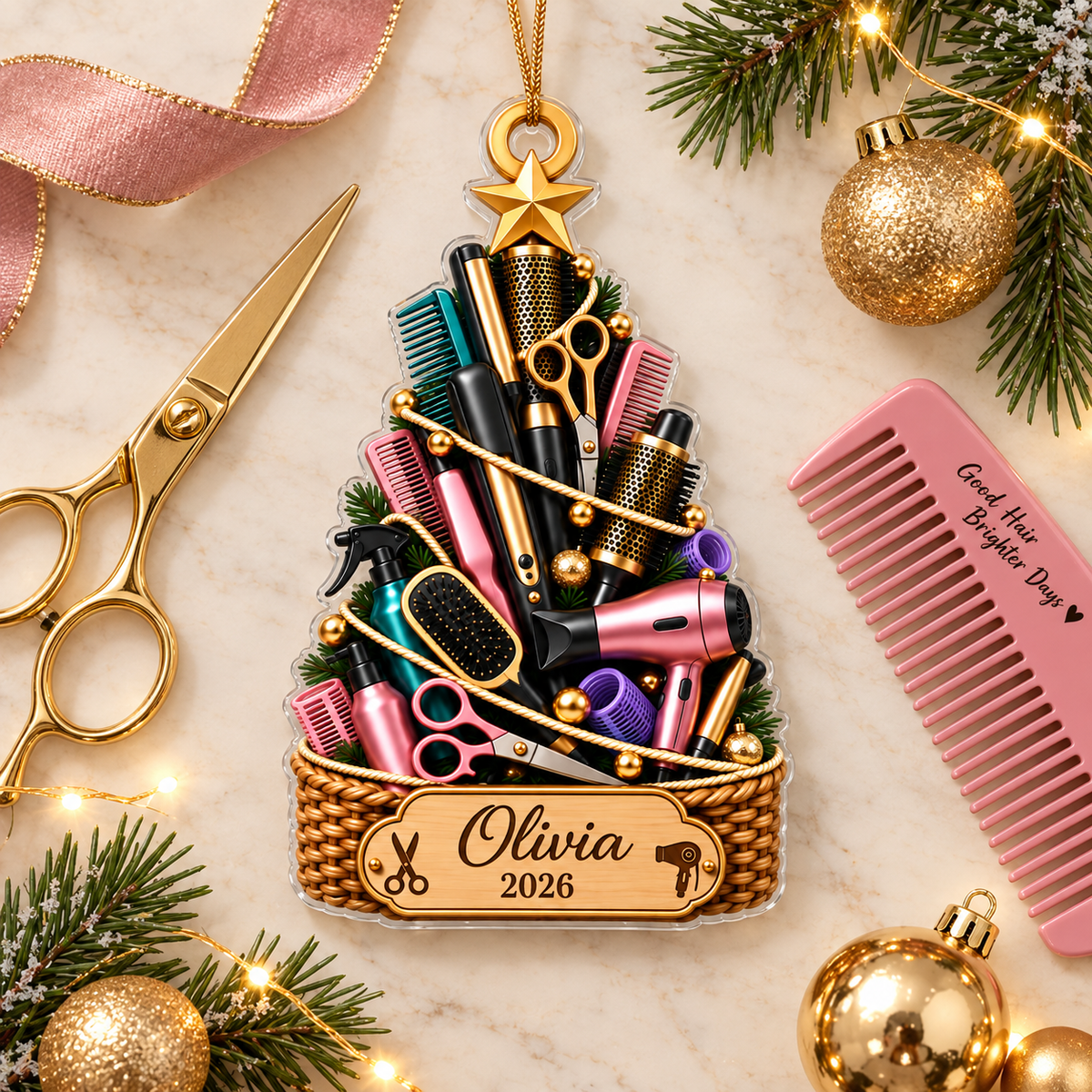Hair Stylist Tools Christmas Tree With Custom Name & Year - Personalized Acrylic Ornament - Christmas Gift For Hairdresser