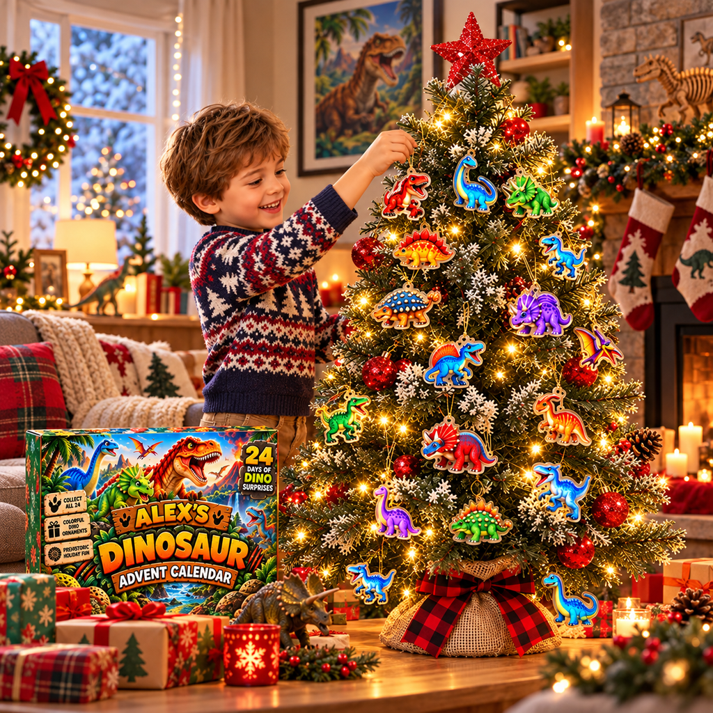 Personalized Dinosaur Advent Calendar 2026 – 24 Days of Dino Surprises, Colorful Christmas Tree Ornaments, Unique Holiday Gift for Kids & Dinosaur Lovers