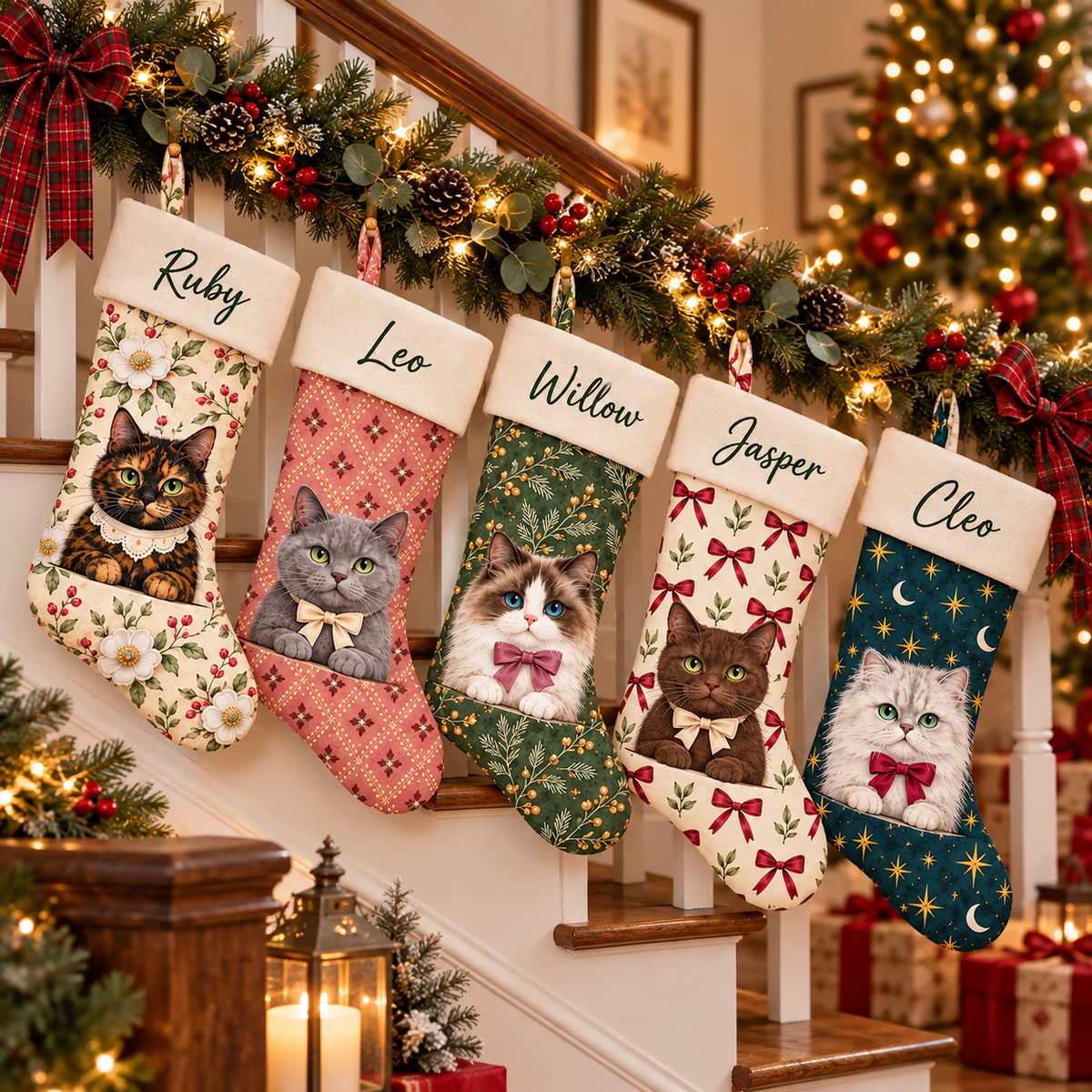 Personalized Cat Christmas Stocking, Custom Name Pet Stocking, Cat Lover Christmas Gift, 30 Cat Designs