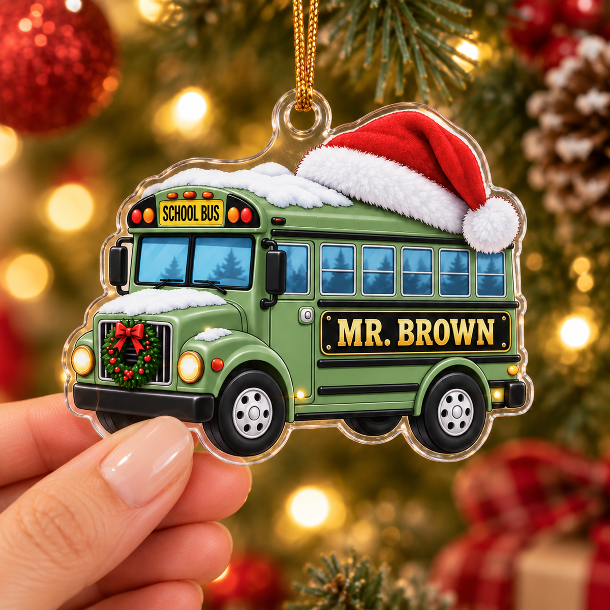 School Bus With Santa Hat & Custom Name - Personalized Acrylic Ornament - Christmas Gift For Bus Driver