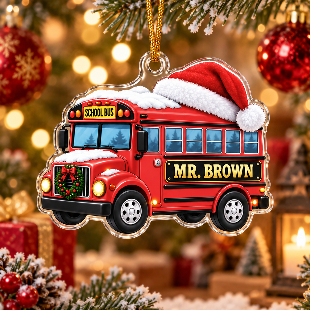 School Bus With Santa Hat & Custom Name - Personalized Acrylic Ornament - Christmas Gift For Bus Driver