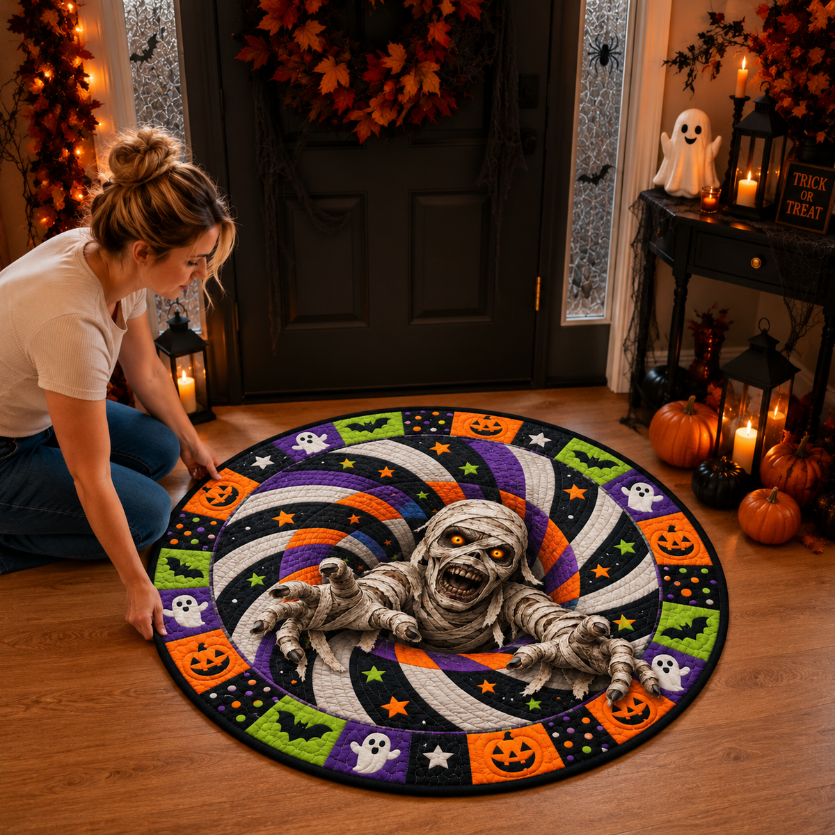 Halloween Skeleton Quilted Round Mat – 3D Vortex Illusion
