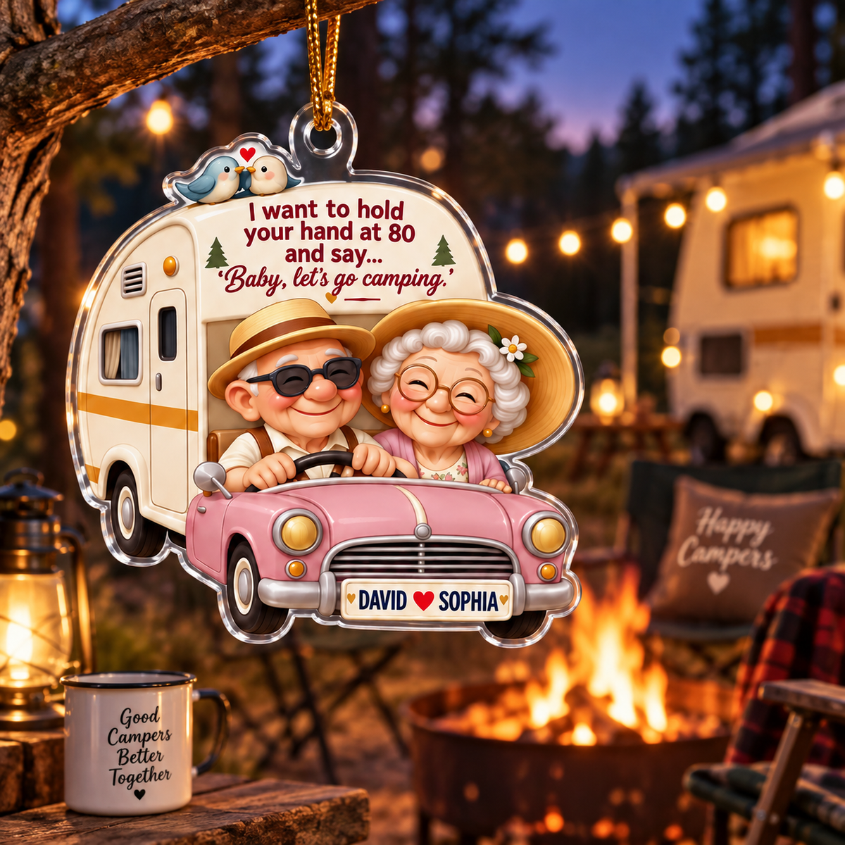 I Want To Hold Your Hand At 80, Let’s Go Camping - Personalized Couple Acrylic Car Ornament - Anniversary Gift For Husband & Wife