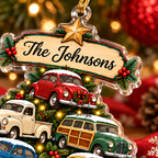 Vintage Cars Christmas Tree With Custom Family Name - Personalized Acrylic Ornament - Christmas Gift For Car Lovers