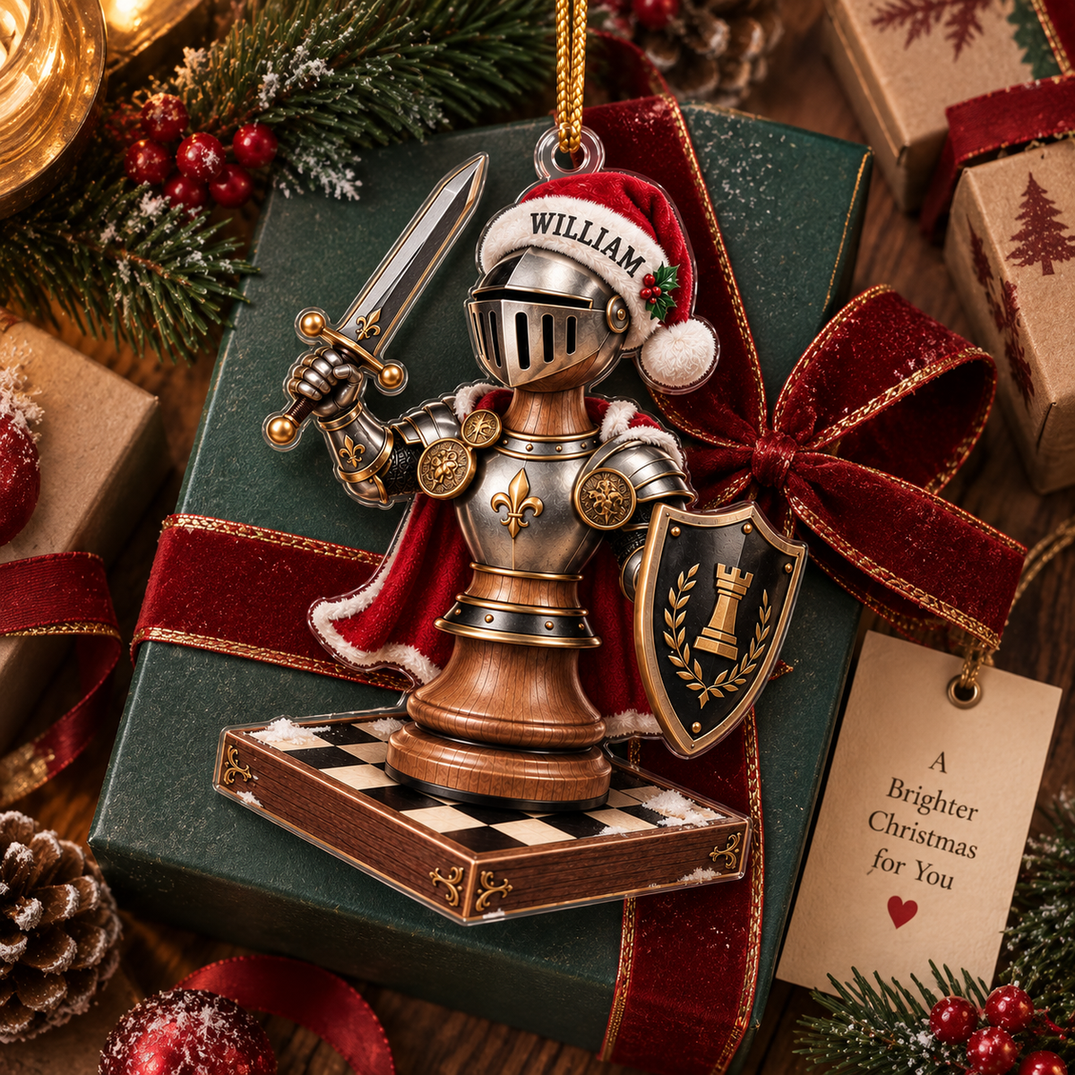 Medieval Chess Knight With Custom Name - Personalized Acrylic Ornament - Christmas Gift For Chess Player & Knight Lover