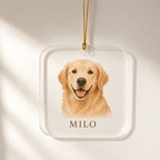 Clear acrylic pet ornament with a golden retriever portrait and the name MILO