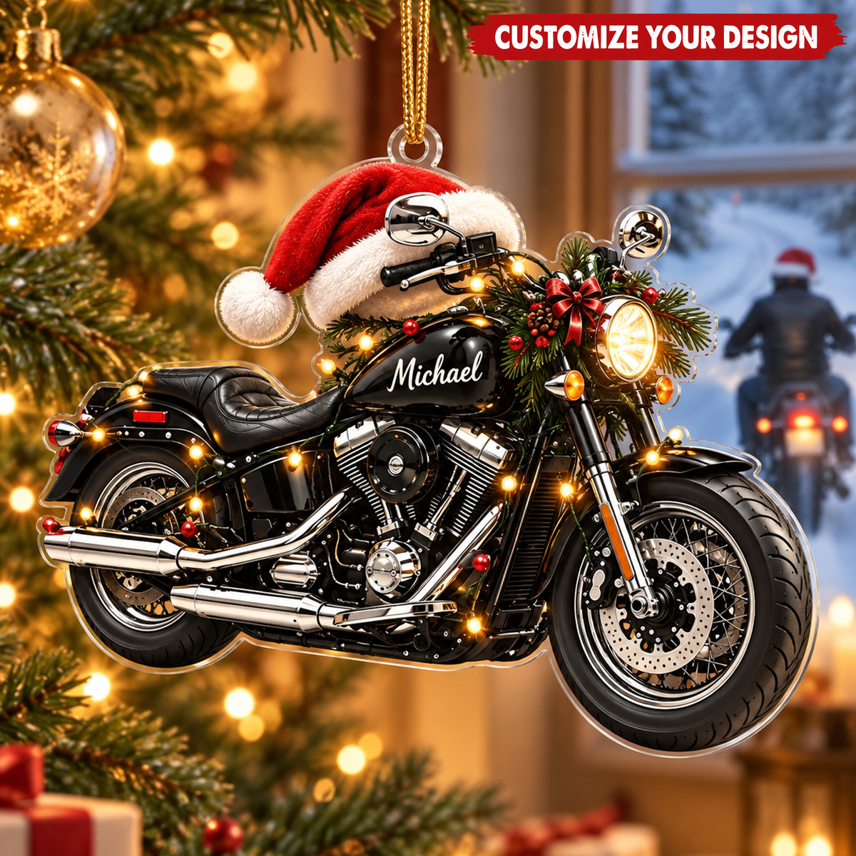 Motorcycle With Santa Hat & Custom Name - Personalized Acrylic Ornament - Christmas Gift For Biker & Motorcycle Lover