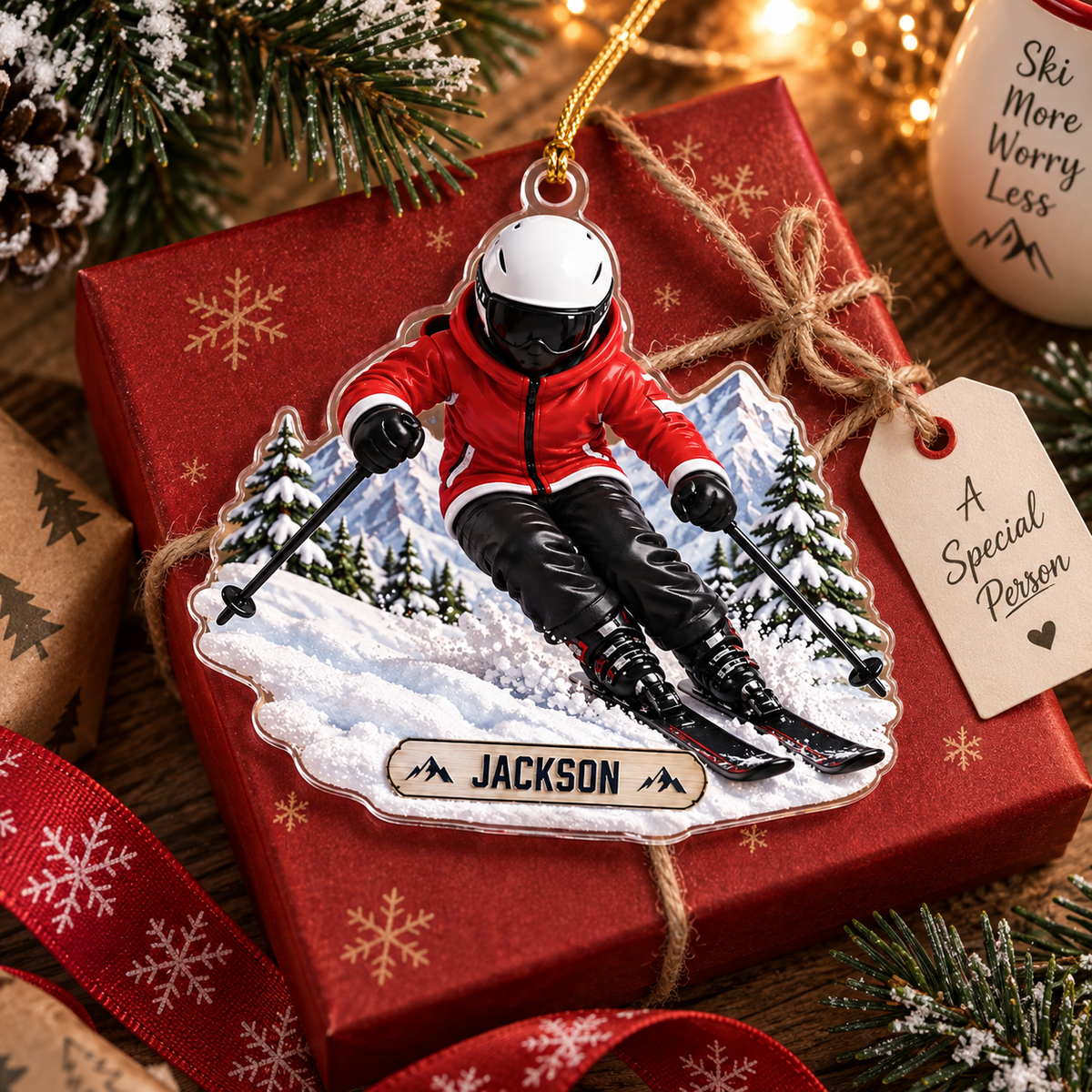 Downhill Skier In Snowy Mountains With Custom Name - Personalized Acrylic Ornament - Christmas Gift For Skier