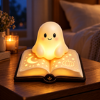 Cute Ghost Sitting on a Book - Halloween Night Light - Cozy Gift For Book Lovers