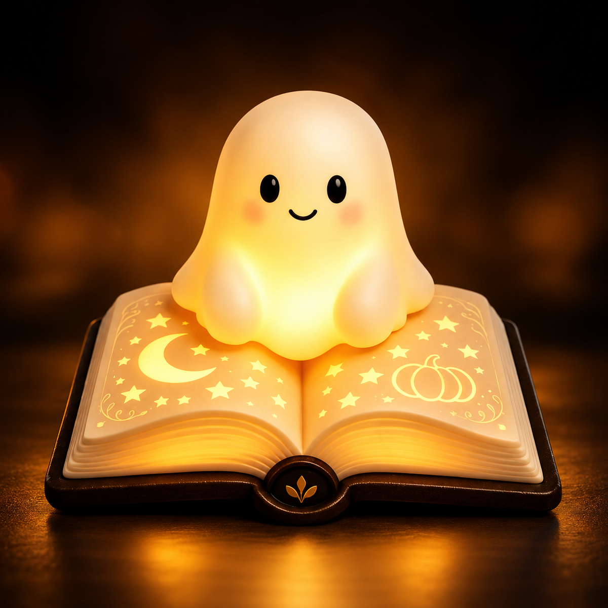 Cute Ghost Sitting on a Book - Halloween Night Light - Cozy Gift For Book Lovers