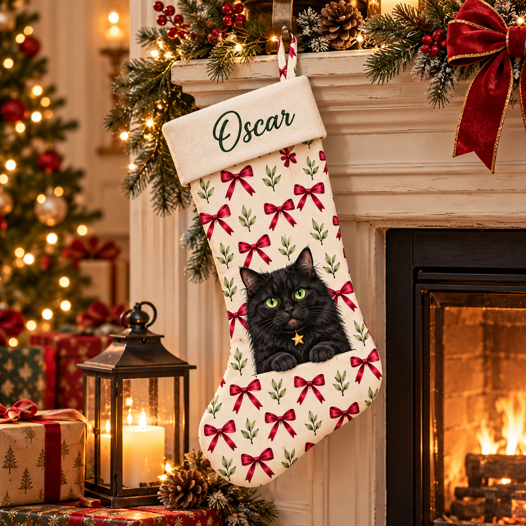 Personalized Cat Christmas Stocking, Custom Name Pet Stocking, Cat Lover Christmas Gift, 30 Cat Designs