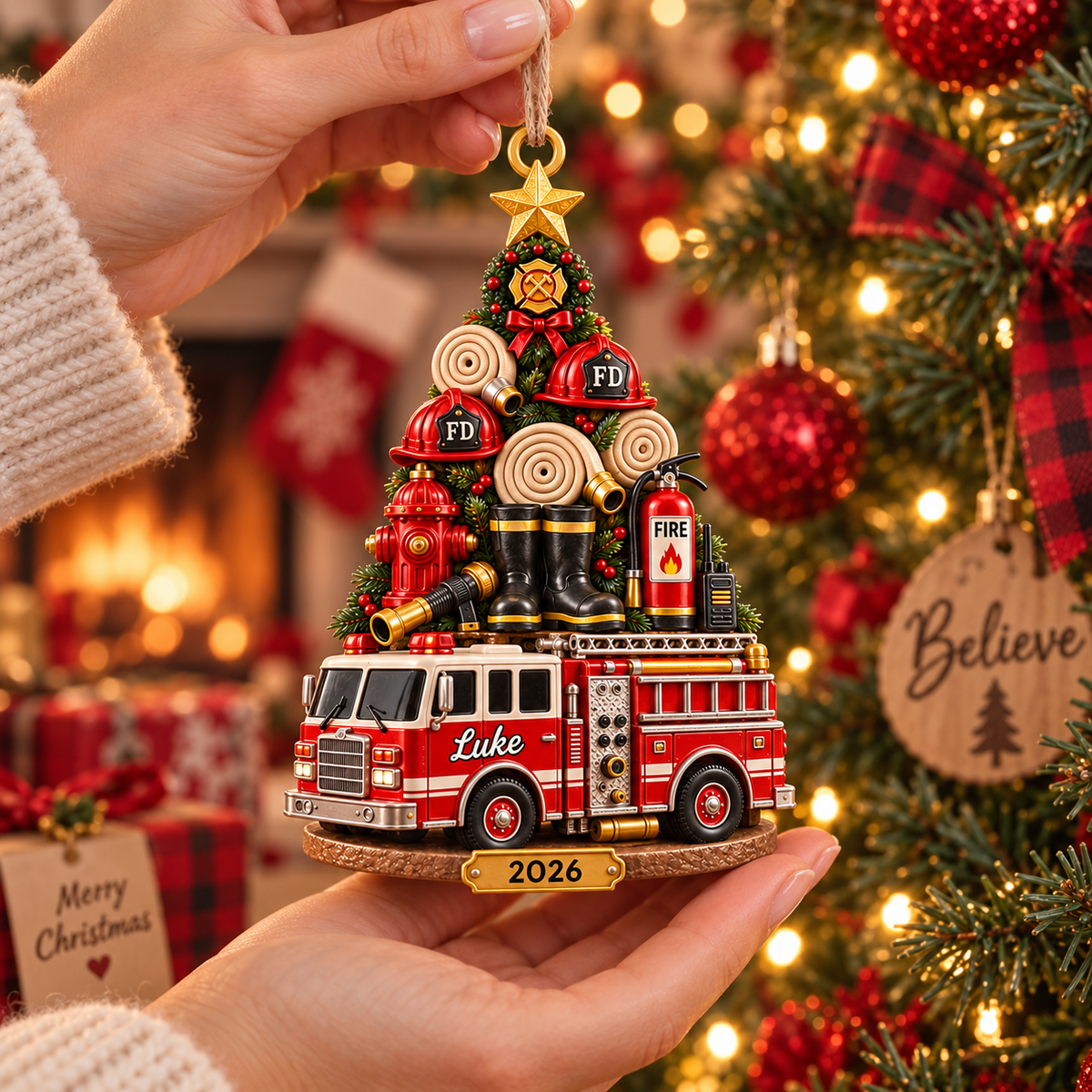Firefighter Christmas Tree With Custom Name & Year - Personalized Acrylic Ornament - Christmas Gift For Firefighter