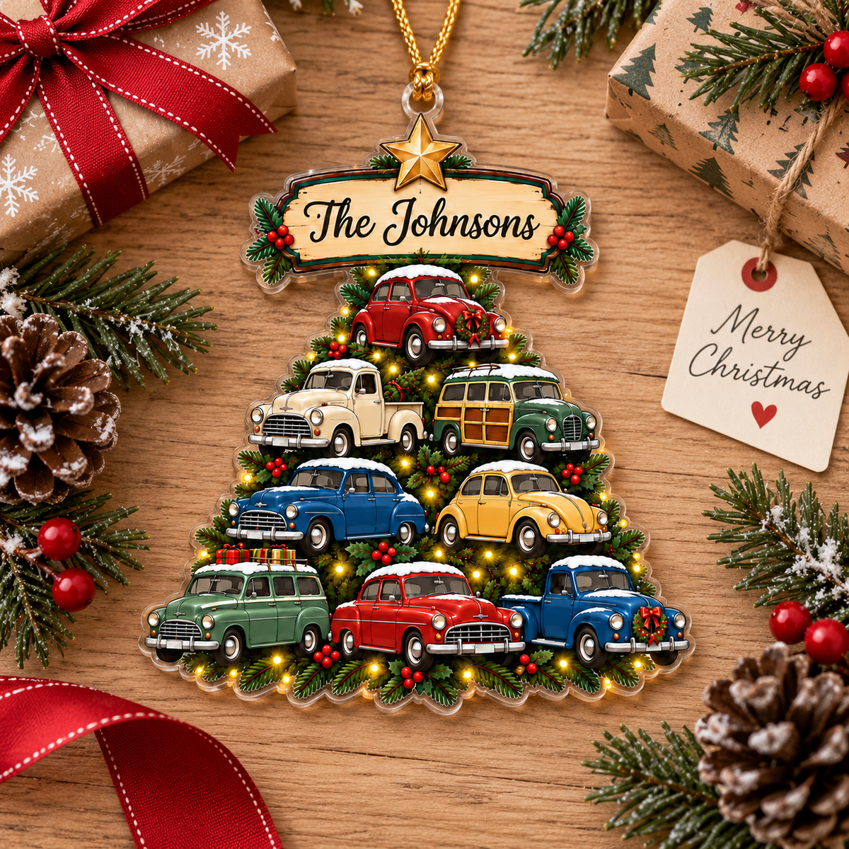 Vintage Cars Christmas Tree With Custom Family Name - Personalized Acrylic Ornament - Christmas Gift For Car Lovers