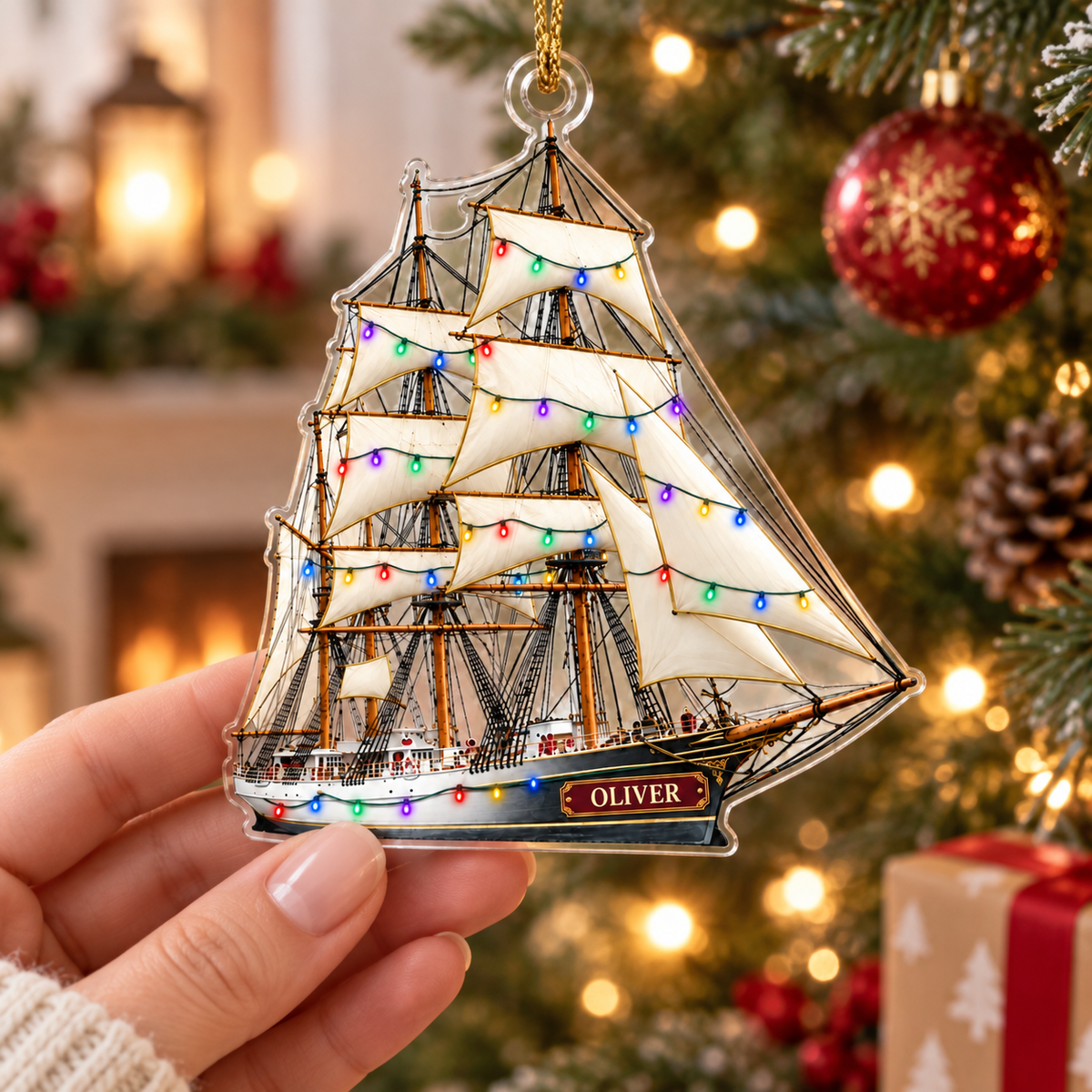 Tall Sailing Ship With Christmas Lights & Custom Name - Personalized Acrylic Ornament - Christmas Gift For Sailor & Boat Lover
