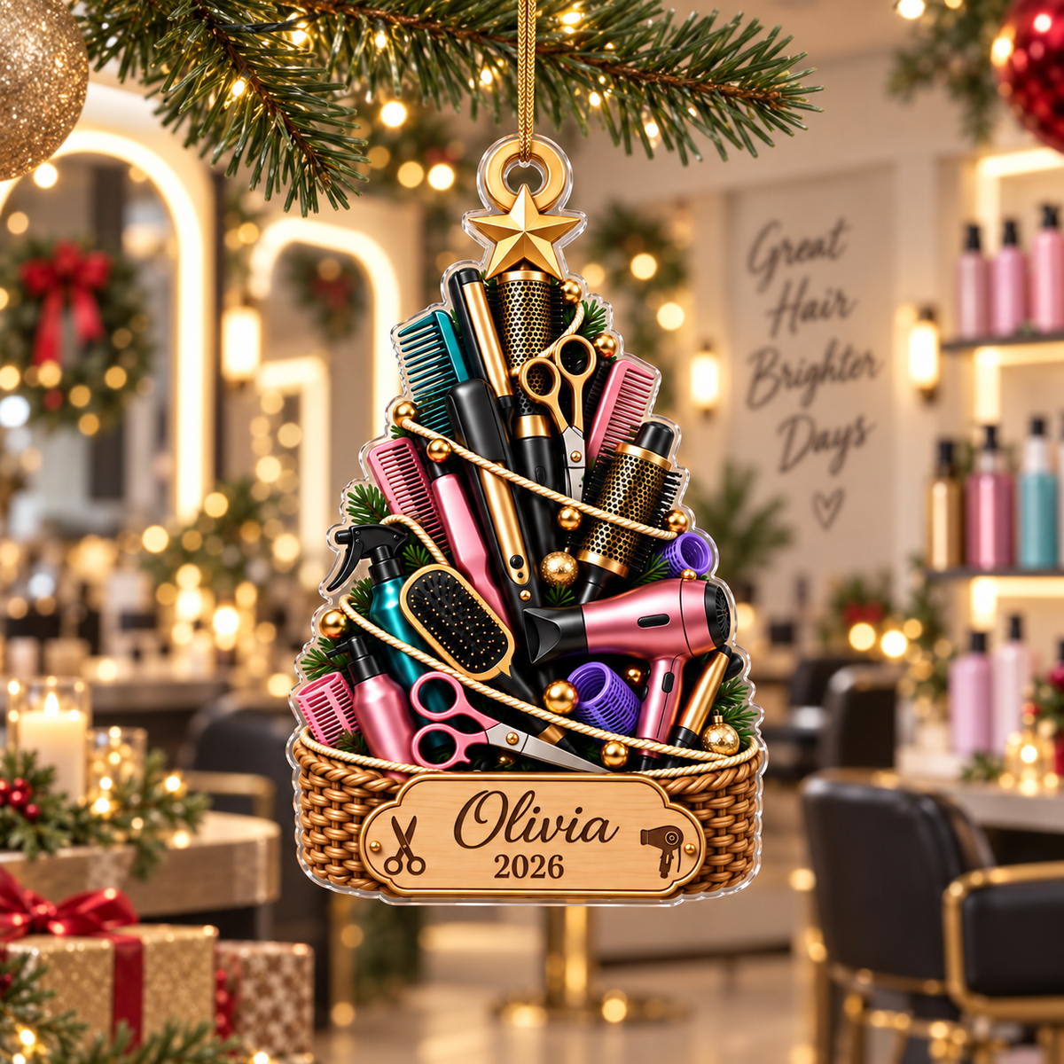Hair Stylist Tools Christmas Tree With Custom Name & Year - Personalized Acrylic Ornament - Christmas Gift For Hairdresser