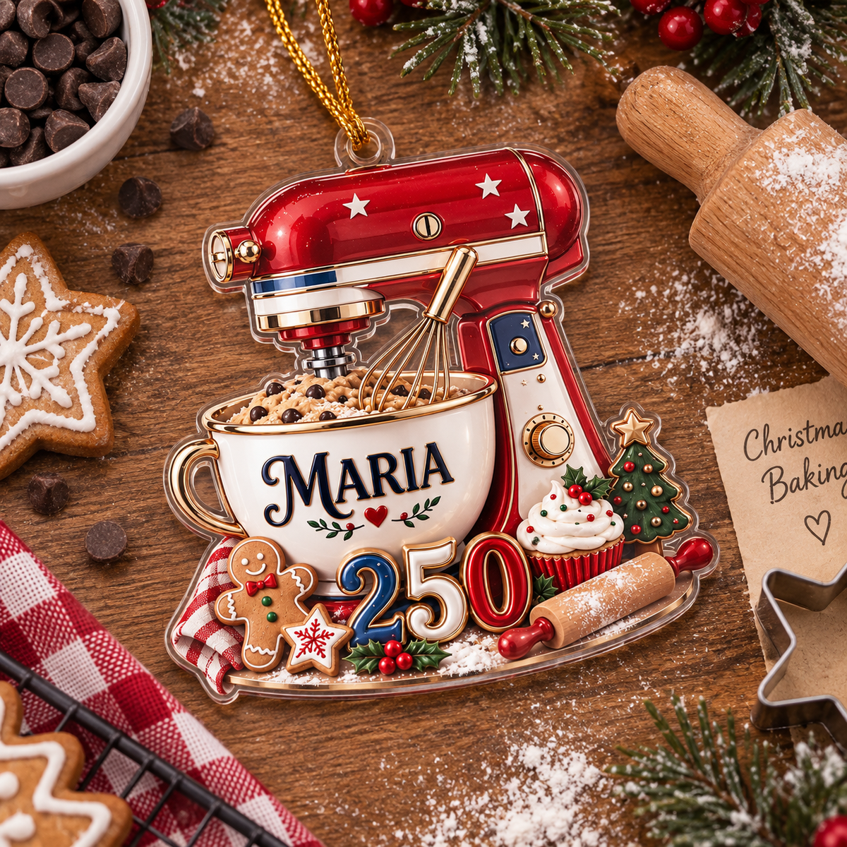 America 250th Baker Stand Mixer With Custom Name - Personalized Acrylic Ornament - Christmas Gift For Baker & Baking Lover