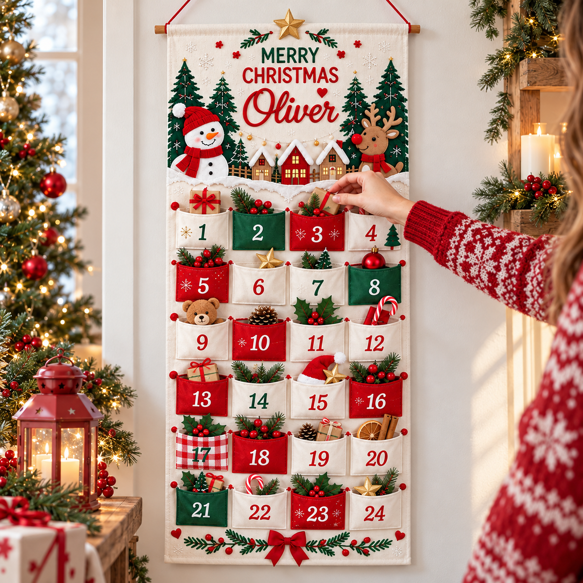 Personalized Christmas Advent Calendar, 24 Fillable Pockets, Reusable Christmas Wall Hanging, Home Countdown for Family Traditions