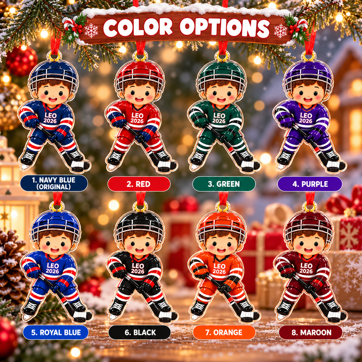 Custom Boy Girl Ice Hockey Player Ornament, Hockey Christmas Acrylic Relief Ornament, Hockey Team Gift, Sports Christmas Tree Decoration