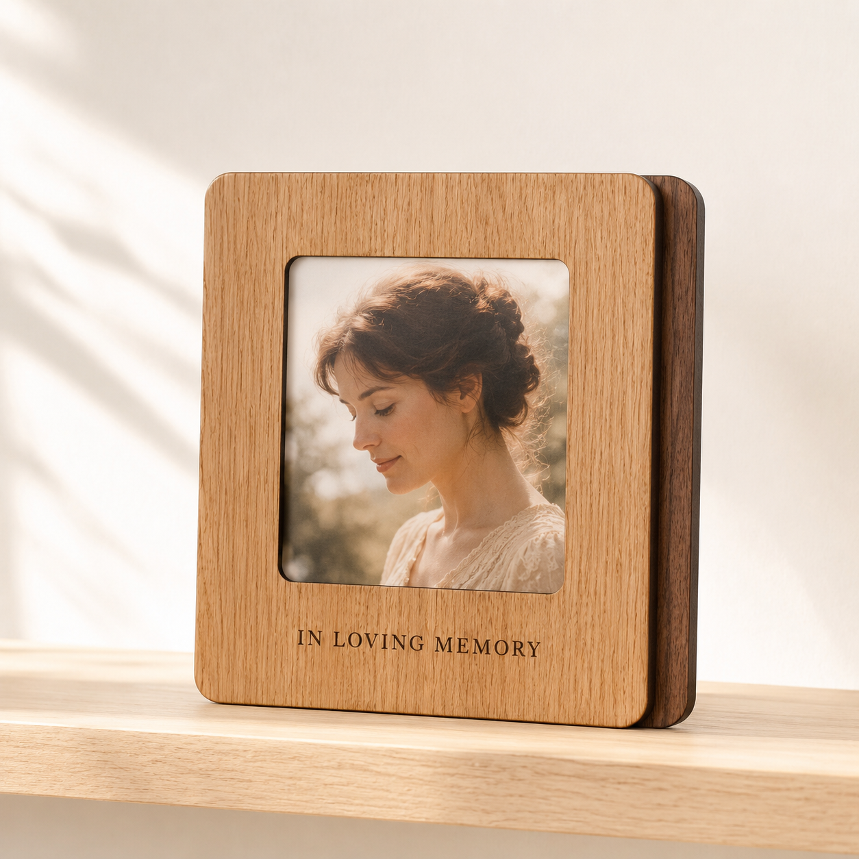 Two-layer wooden standing photo frame engraved In Loving Memory