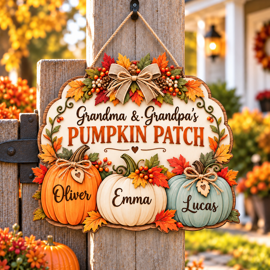 Personalized Pumpkin Patch Sign for Grandparents – Grandma & Grandpa Fall Wood Door Hanger