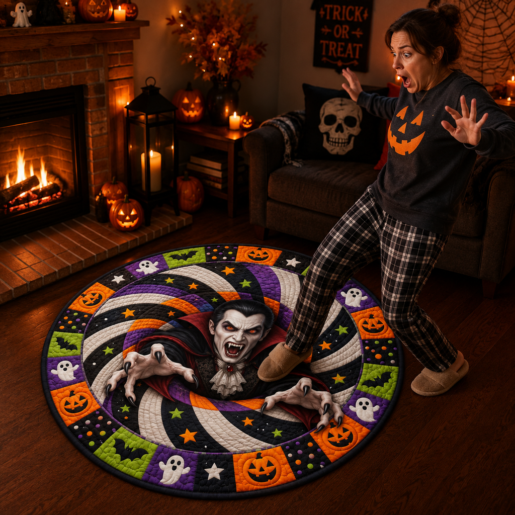 Halloween Skeleton Quilted Round Mat – 3D Vortex Illusion