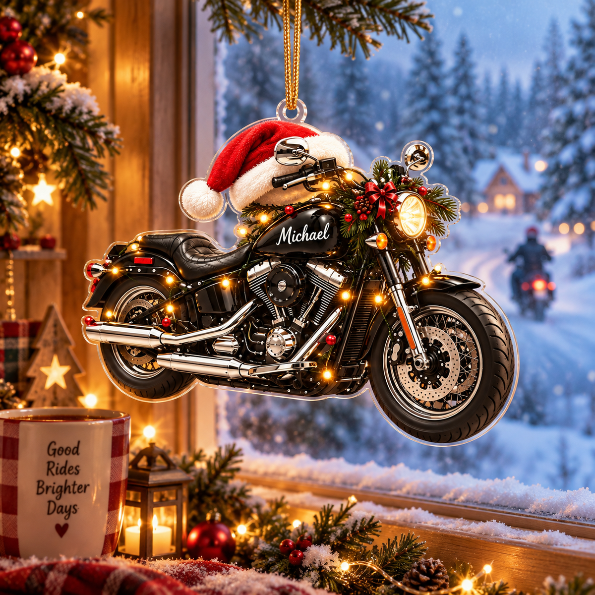 Motorcycle With Santa Hat & Custom Name - Personalized Acrylic Ornament - Christmas Gift For Biker & Motorcycle Lover