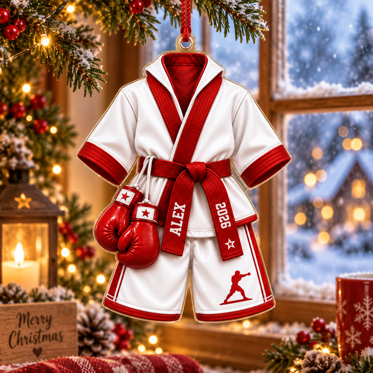 Martial Arts Uniform & Boxing Gloves With Custom Name & Year - Personalized Acrylic Ornament - Christmas Gift For Fighter
