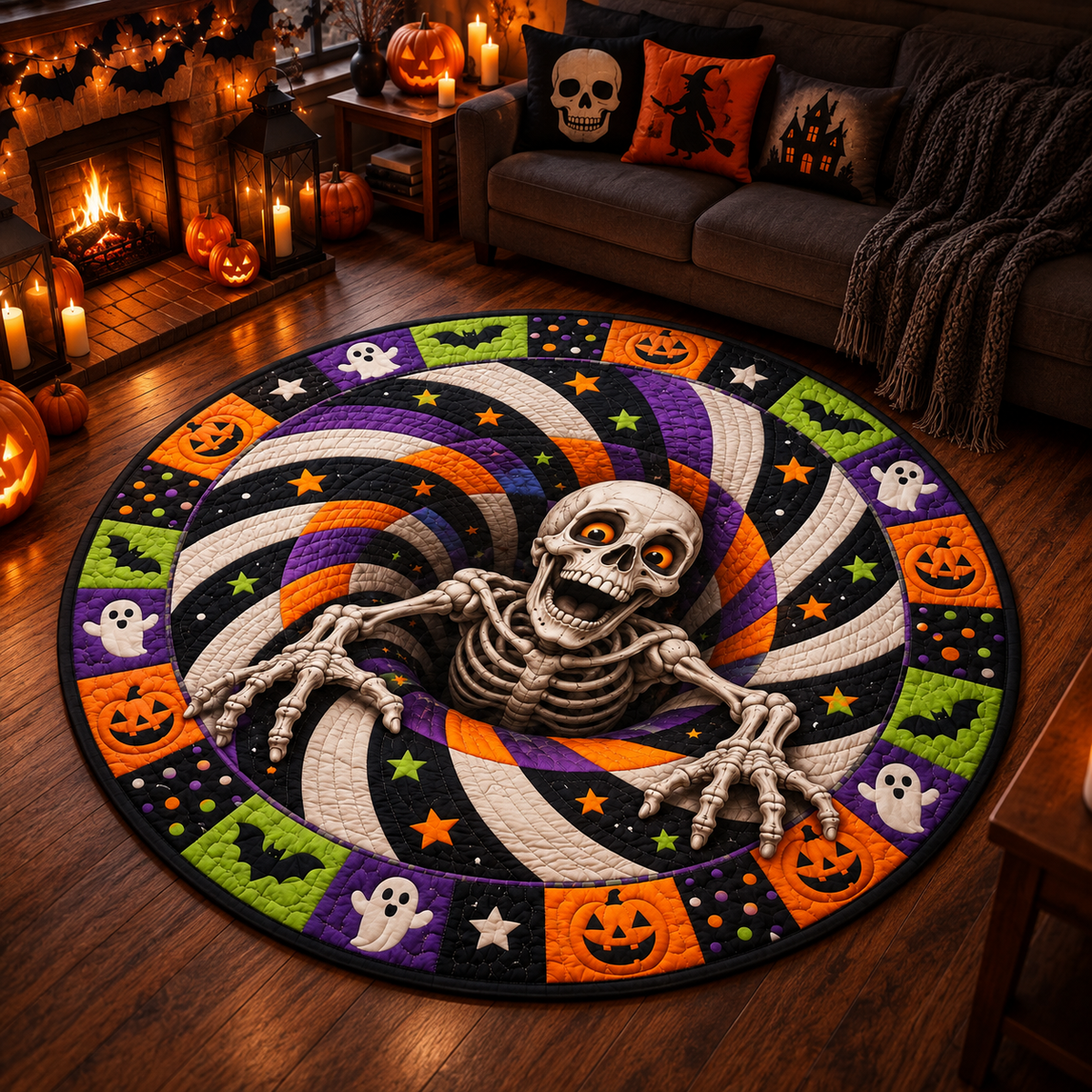 Halloween Skeleton Quilted Round Mat – 3D Vortex Illusion