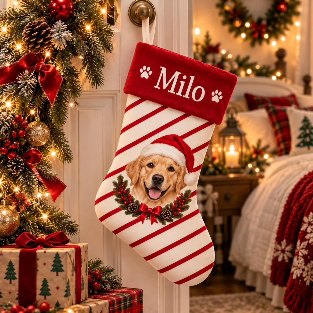 Personalized Pet Christmas Stocking, Custom Dog Cat Photo Stocking, Striped Christmas Stocking, Pet Lover Gift, Xmas Mantel Decor