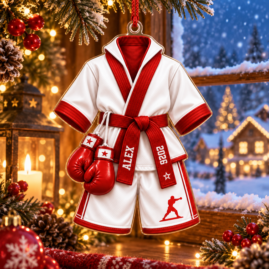Martial Arts Uniform & Boxing Gloves With Custom Name & Year - Personalized Acrylic Ornament - Christmas Gift For Fighter