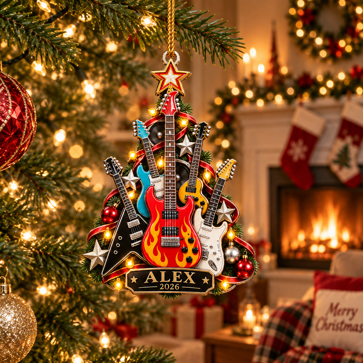Rock Guitar Christmas Tree With Custom Name & Year - Personalized Acrylic Ornament - Christmas Gift For Guitarist & Music Lover