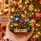 Construction Trucks Christmas Tree With Custom Name & Year - Personalized Acrylic Ornament - Christmas Gift For Boys & Kids