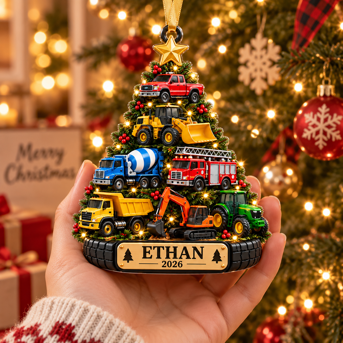 Construction Trucks Christmas Tree With Custom Name & Year - Personalized Acrylic Ornament - Christmas Gift For Boys & Kids