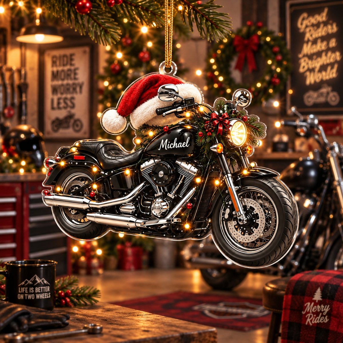 Motorcycle With Santa Hat & Custom Name - Personalized Acrylic Ornament - Christmas Gift For Biker & Motorcycle Lover