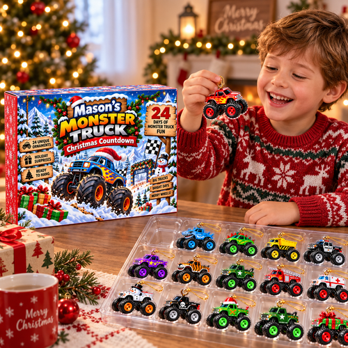 24-Day Monster Truck Christmas Countdown With Custom Name - 24 Piece Ornament Advent Calendar - Christmas Gift For Boys & Truck Lovers