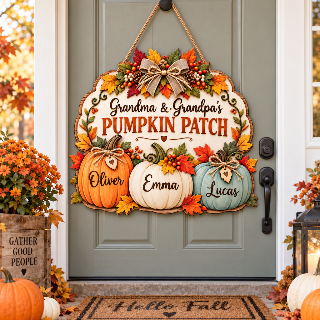 Personalized Pumpkin Patch Sign for Grandparents – Grandma & Grandpa Fall Wood Door Hanger
