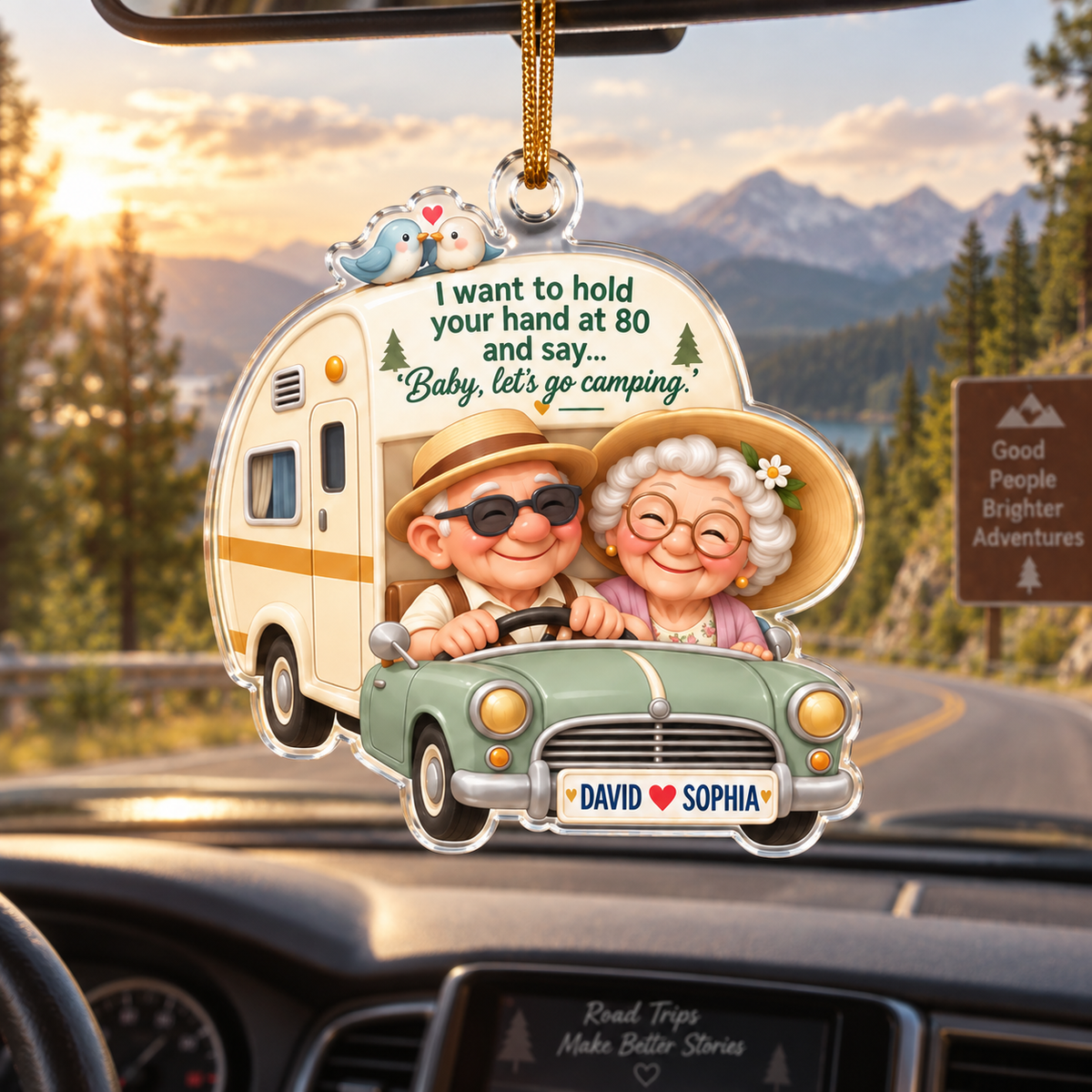 I Want To Hold Your Hand At 80, Let’s Go Camping - Personalized Couple Acrylic Car Ornament - Anniversary Gift For Husband & Wife