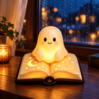 Cute Ghost Sitting on a Book - Halloween Night Light - Cozy Gift For Book Lovers