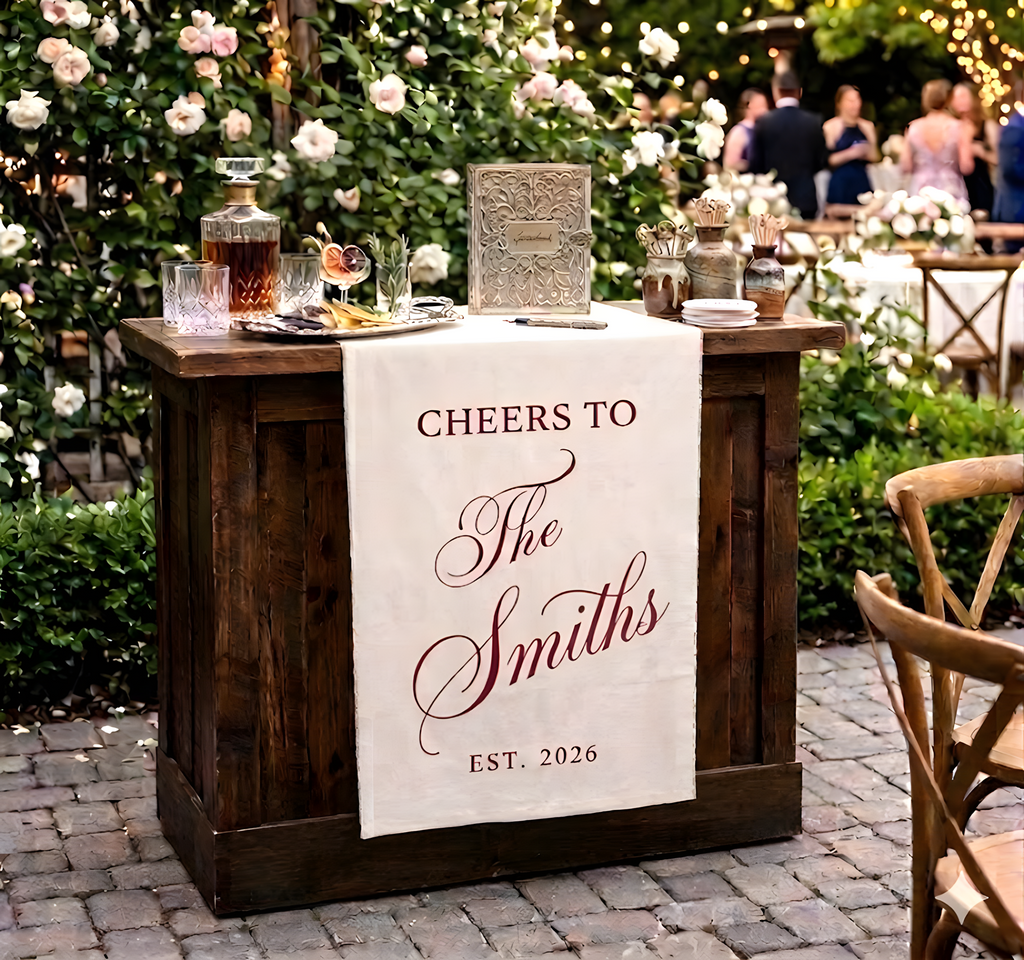 Custom Wedding Bar Runner Sign, Personalized Family Name Linen Decor, Signature Drink Wedding Sign