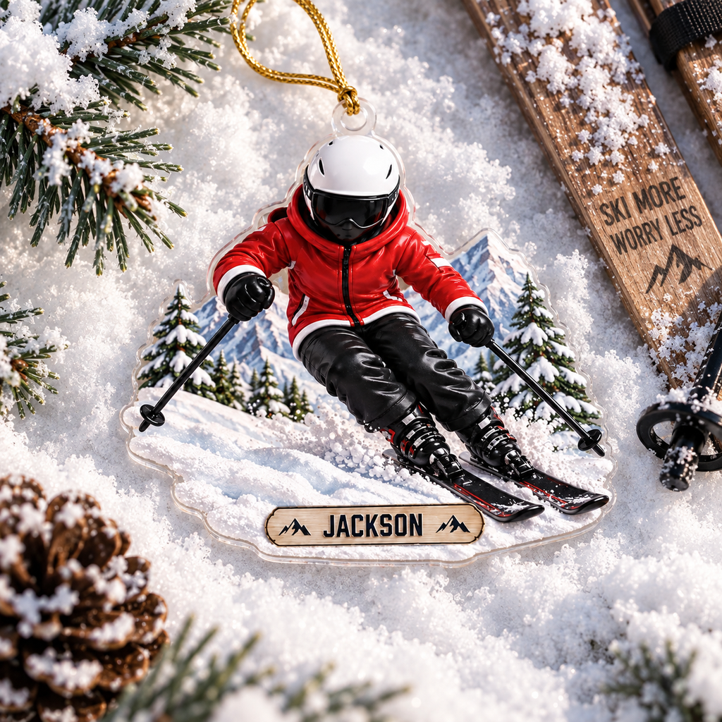 Downhill Skier In Snowy Mountains With Custom Name - Personalized Acrylic Ornament - Christmas Gift For Skier