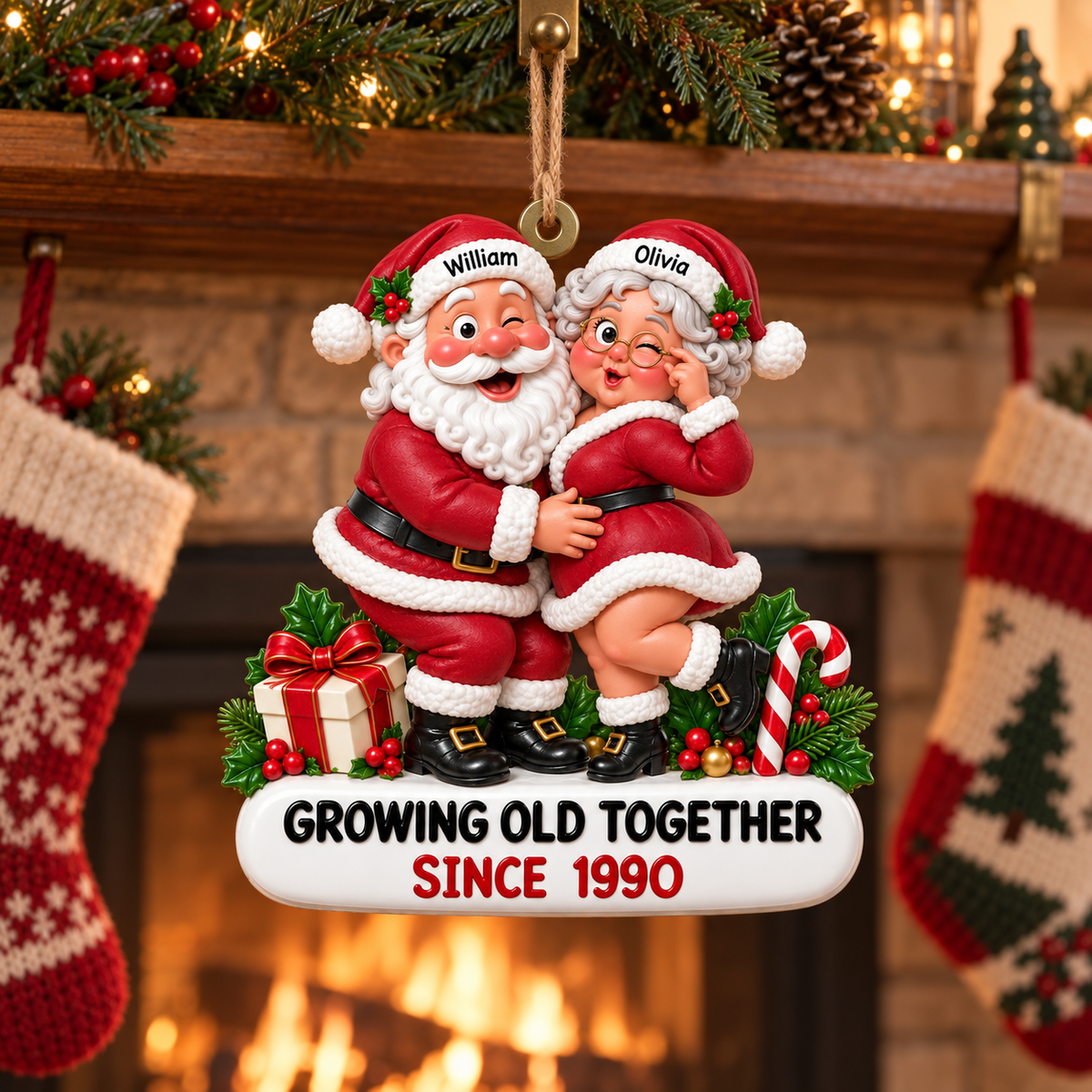 Santa & Mrs. Claus Growing Old Together With Custom Names & Year - Personalized Acrylic Ornament - Christmas Gift For Couple