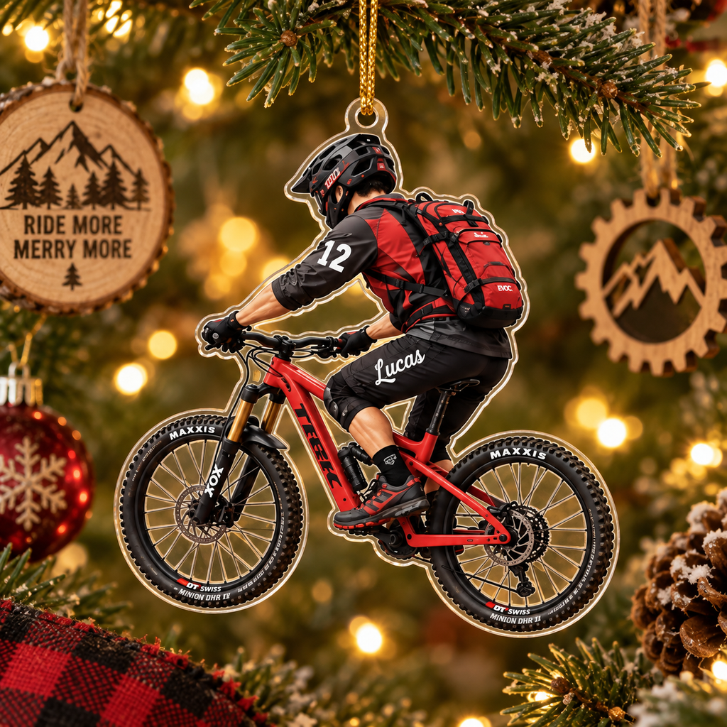 Mountain Biker With Custom Name - Personalized Acrylic Ornament - Christmas Gift For Cyclist & MTB Lover