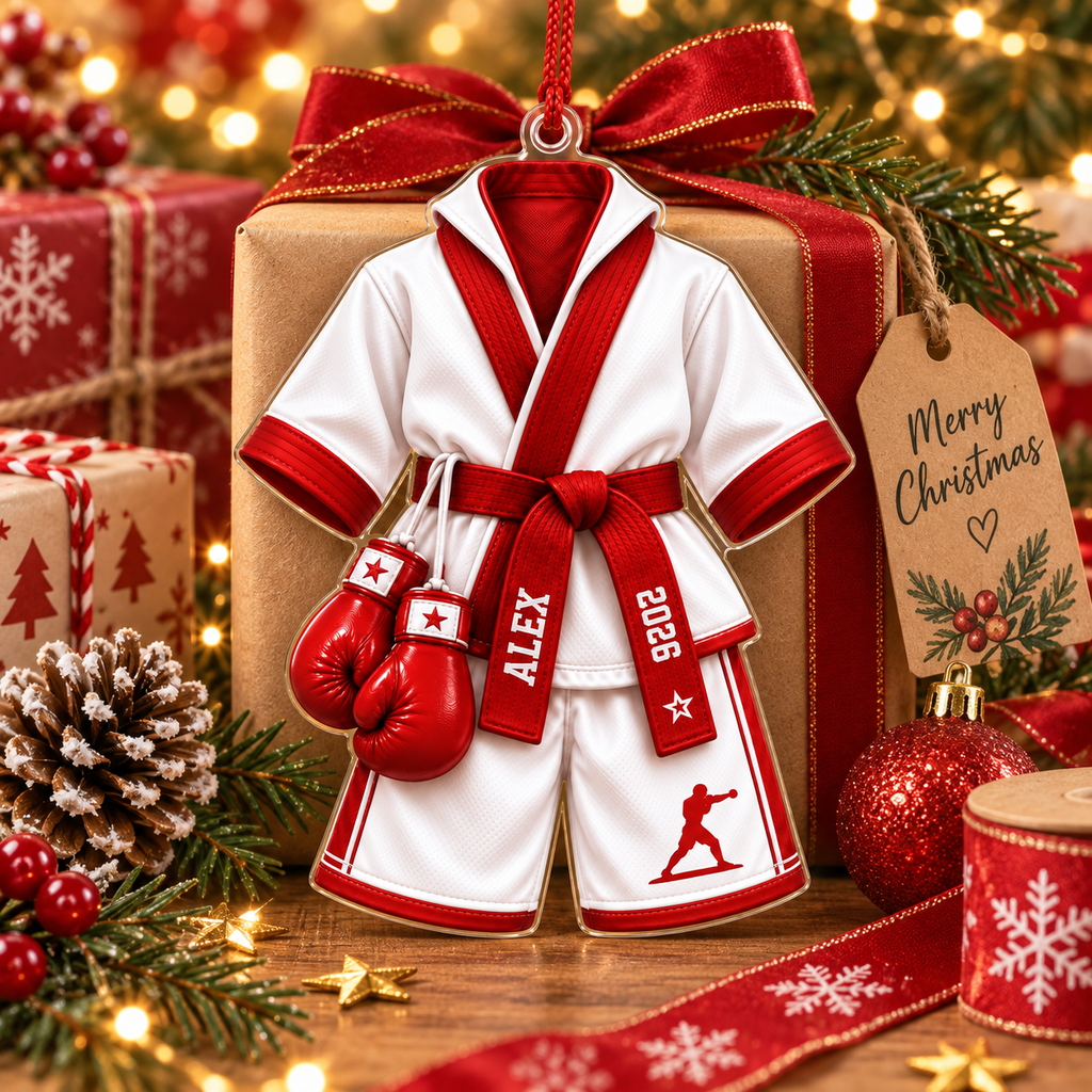 Martial Arts Uniform & Boxing Gloves With Custom Name & Year - Personalized Acrylic Ornament - Christmas Gift For Fighter